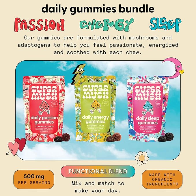 Daily Gummies (Trio Bundle) - Daily Passion, Energy, & Sleep - Mushroom Gummies - Natural, Organic, Vegan, & Sugar-Free Mushroom Supplement - Ashwagandha Supplements with Cordyceps