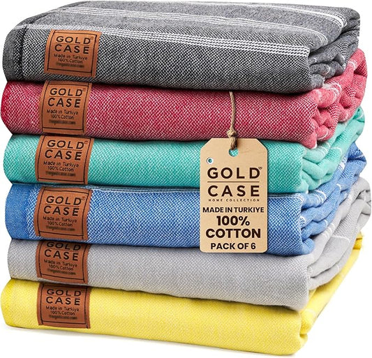 Gold CASE LYCIA Turkish Beach Towel Set of 6 – 100% Cotton Turkish Beach Towels Bulk 70 x 38'' – LYCIA Oversized, Quick Dry & Sand Free Beach Towel – Lightweight Towels Set in Multi Color Tones