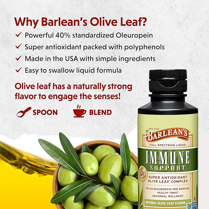 Barlean's Olive Leaf Complex Liquid Immune Support Supplement, 95mg Oleuropein Antioxidants, 8 oz