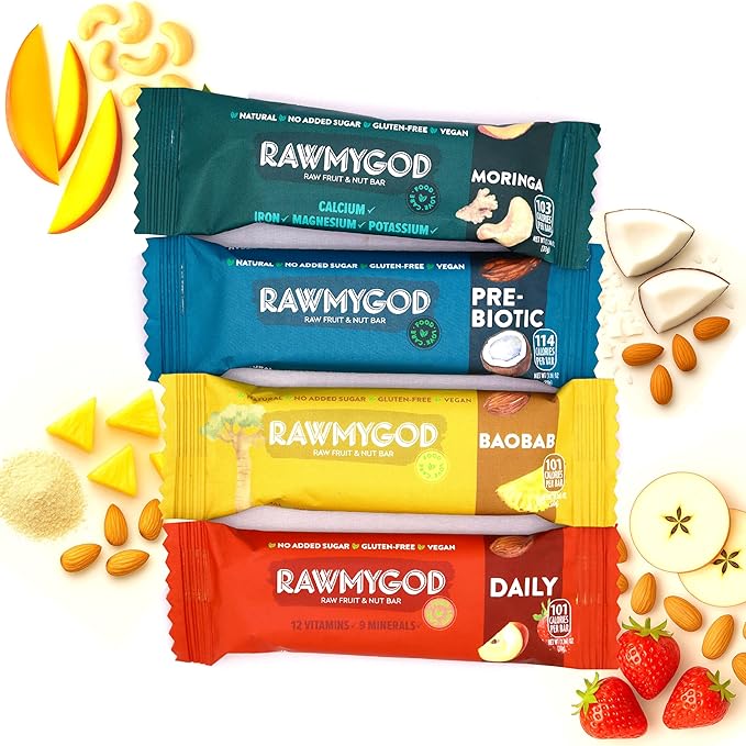 RAWMYGOD Fruit and Nut Bars, Gluten Free, Vegan, No Added Sugar (20 bars, Vitality Pack - 5 Prebiotic, 5 Moringa, 5 Baobab, 5 Daily)