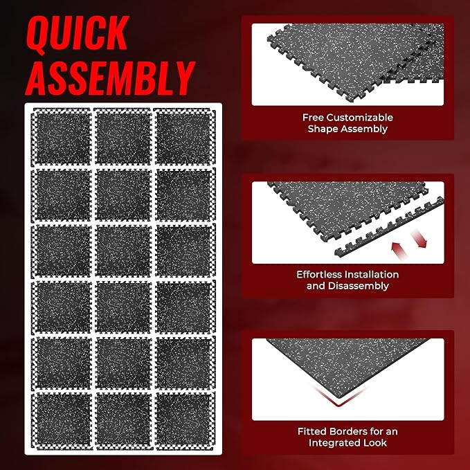 SUPERJARE 0.79'' Extra-Thick Exercise Equipment Mats, 18 Pcs 72 Sq Ft Rubber Top Floor Tiles with High Density EVA Foam, Interlocking Gym Flooring for Home Gym, Workout Mat, Black/Grey