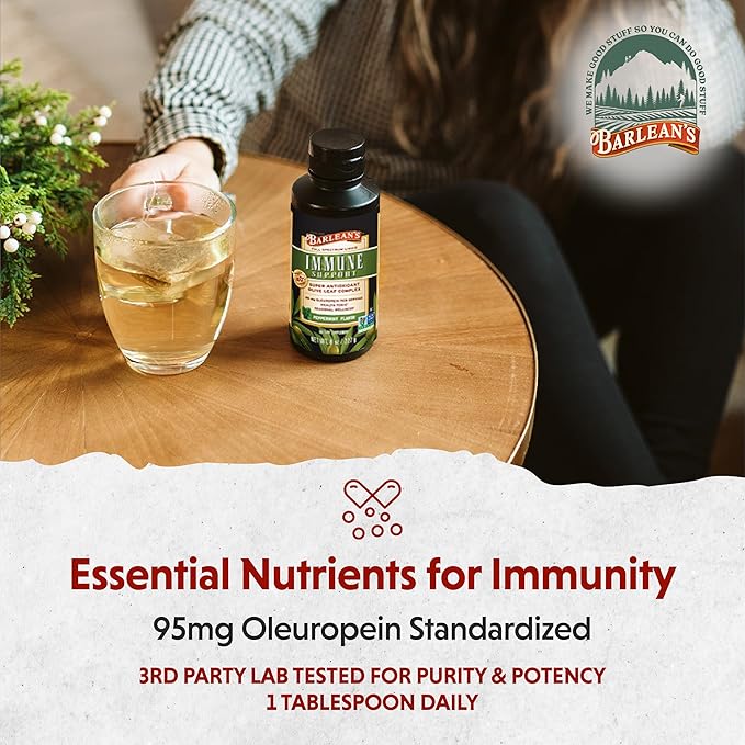 Barlean's Peppermint Olive Leaf Complex Liquid Immune Support Supplement, 95mg Oleuropein Antioxidants, 8 oz