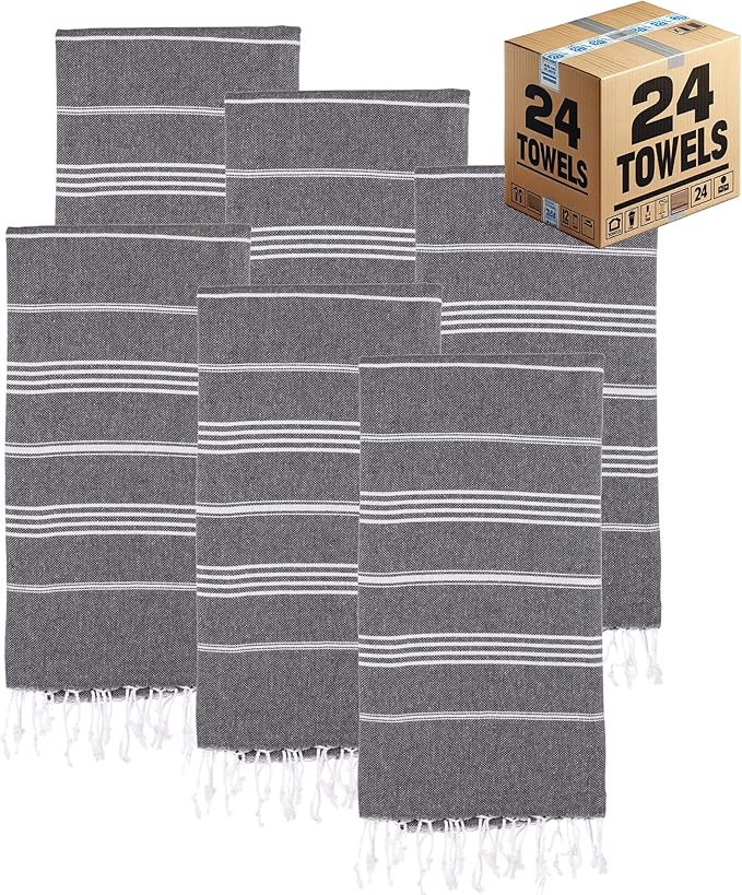 Turkish Beach Towels, Bulk Case of 24 | Oversized, Quick Dry, Sand Free | 100% Cotton, Large 38x71 Towels for Beach, Pool, Travel | Ultra-Soft, Compact, Absorbent | Black