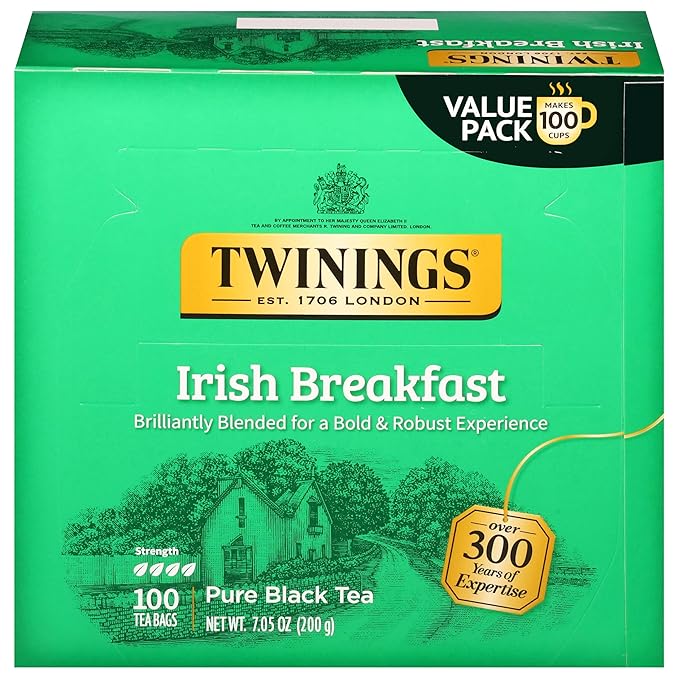 Twinings Irish Breakfast Black Tea Individually Wrapped Bags, 100 Count (Pack of 1), Flavourful, Bold, and Robust, Caffeinated, Enjoy Hot or Iced, 100 Teabags