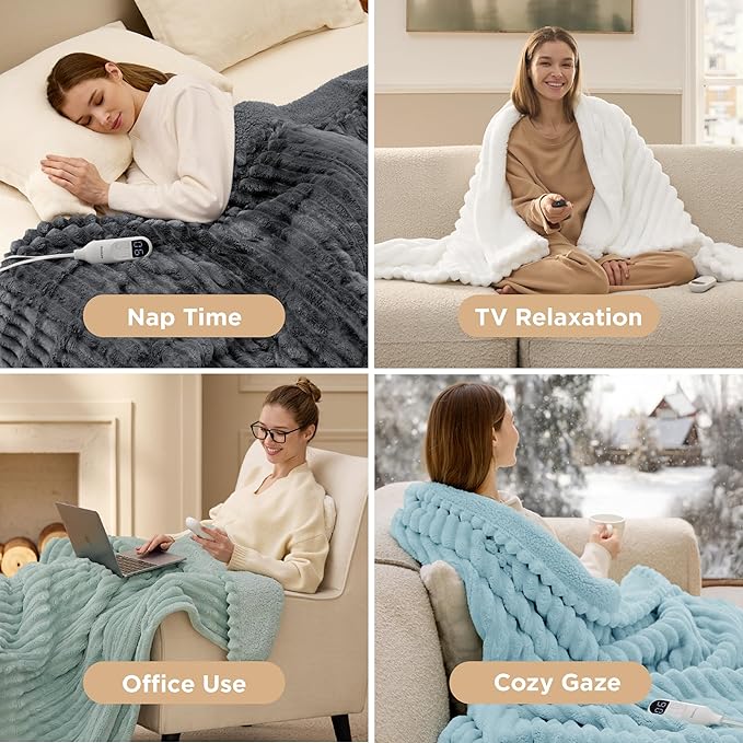 Bedsure Electric Blanket King Size - Thick Striped Flannel Electric Blanket with Dual Control, Heating with 10 Heat Settings & 10 Time Settings, 8 hrs Timer Auto Shut Off (90x100 inches, Grey)