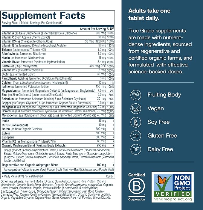 True Grace Men's 40+ One Daily Multivitamin Fermented Minerals, Organic Adaptogens & Mushrooms Whole Body Balance Immune, Endurance, Bone & Heart Support Supplement - Non-GMO - 90 Vegetarian Tablets