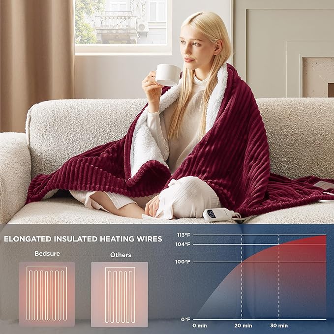 Bedsure GentleSoft Heated Blanket Throw - Soft Ribbed Flannel Electric Blanket, Heating with 4 Time Settings, 6 Heat Settings, and 3 hrs Timer Auto Shut Off, Gifts for Grandma (50x60 inches, Burgundy)