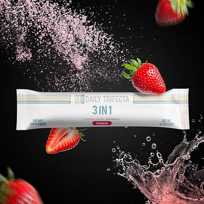 Daily Trifecta 3-in-1 Collagen, Creatine & Electrolyte Stick Packs | Type I Collagen, Creatine Monohydrate, Zero Sugar | 30 Natural Single-Serve Packets | Strength, Hydration & Recovery (Strawberry)