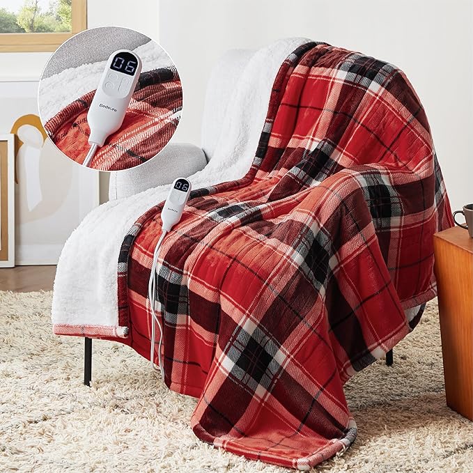 Bedsure Plaid Heated Throw Blanket - Flannel Sherpa Electric Blanket with Red Plaid Pattern, Warm for Grandma, Heating with 6 Heating Levels, 4 Time Settings, 3-Hour Auto-Off (50"x60")