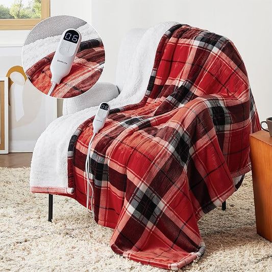 Bedsure Plaid Heated Throw Blanket - Flannel Sherpa Electric Blanket with Red Plaid Pattern, Warm for Grandma, Heating with 6 Heating Levels, 4 Time Settings, 3-Hour Auto-Off (50"x60")
