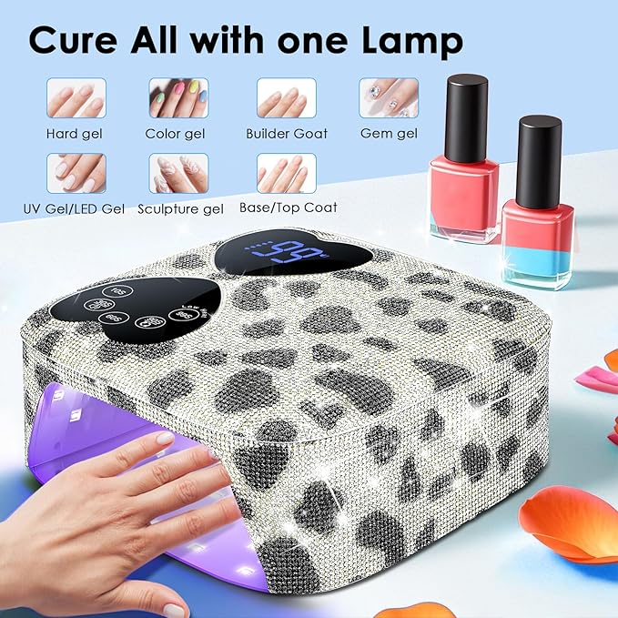 UV LED Nail Lamp Cordless, HUITINE 80W Rechargeable UV Light for Gel Nails with 5 Timers & Mirror Base, Professional Gel Light Dryer, Sparkling Rhinestones Curing Lamp for Salon & Home (Cow Diamond)