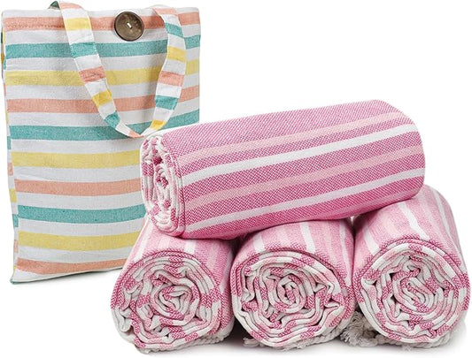 HILLFAIR Cotton Turkish Beach Towels, Quick Dry Lightweight Sand Free Peshtemal Towel for Bath Swim Yoga Spa Travel, Beach Accessories, Oversized Cotton Turkish Towels (39 x 72 inch- 4 Pack Pink)