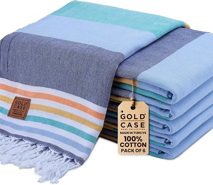 Gold CASE Turkish Beach Towel Set of 6 – 100% Cotton Large Bath Towels 70 x 38'' – OLYMPOS Oversized, Quick Dry & Sand Free Beach Towel – Lightweight Turkish Towels Set - Multicolor-1