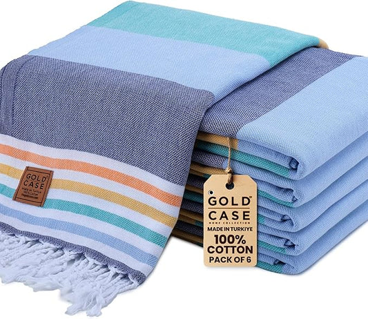 Gold CASE Turkish Beach Towel Set of 6 – 100% Cotton Large Bath Towels 70 x 38'' – OLYMPOS Oversized, Quick Dry & Sand Free Beach Towel – Lightweight Turkish Towels Set - Multicolor-1
