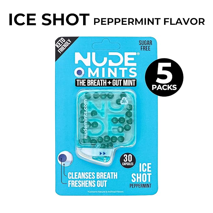 NUDE MINTS | Dual Action Liquid Capsules | Mouth Watering Mint - Lasts 3X Longer - 3X Stronger - Extreme Bad Breath Treatment For Adults - Sugar Free, 0 Calorie - Peppermint - 5 Pack - 150 Capsules