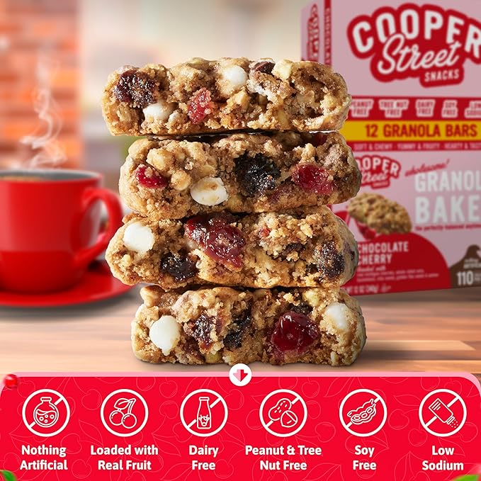 Cooper Street Chocolate Cherry Granola Bakes (12 pack) - Individually Wrapped Soft and Chewy Breakfast Granola Bars - Nut, Dairy & Soy Free - Great As Kids Snacks For School, Hiking Or Lunchbreak