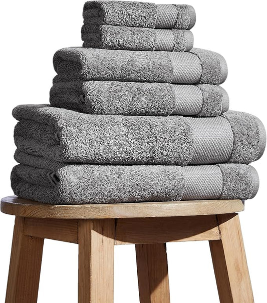 BIOWEAVES 100% Organic Cotton 700 GSM Plush 6-Piece Towel Set GOTS Certified, 2 Bath Towels, 2 Hand Towels & 2 Washcloths - Light Grey