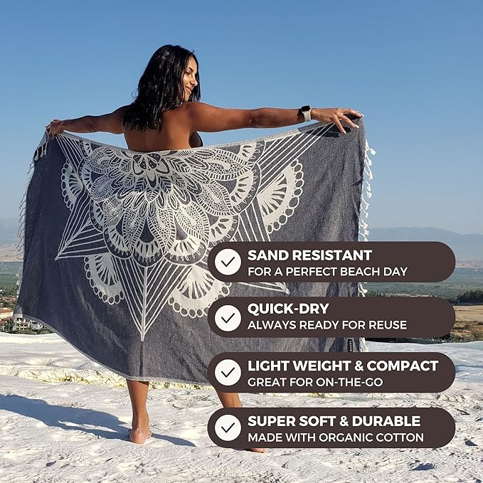 FESHKA Sand Proof Turkish Beach Towel – Oversized, Quick Dry & Lightweight Travel Towel - 100% Organic Cotton Beach Blanket - Perfect for Bath, Pool & Picnic | Frozen (Navy)