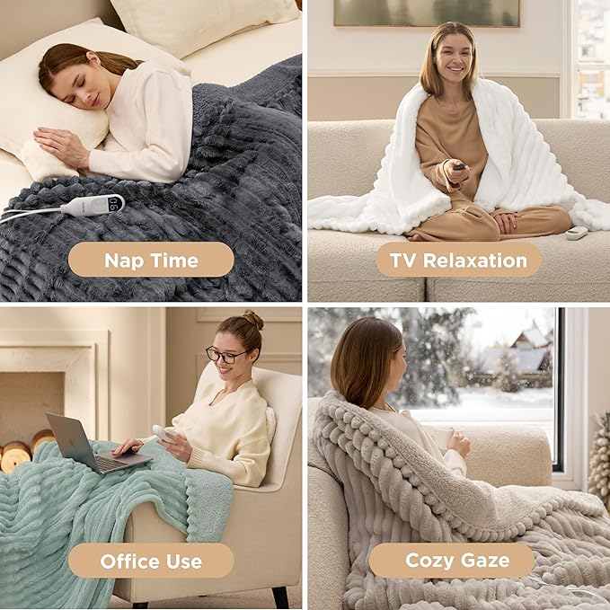 Bedsure Electric Blanket Full Size - Thick Striped Flannel Heated Blanket with 6 Heat Settings, Heating with 10 Time Settings, 8-Hour Timer Auto Shut Off, Gift for Grandma (72x84 inches, Grey)