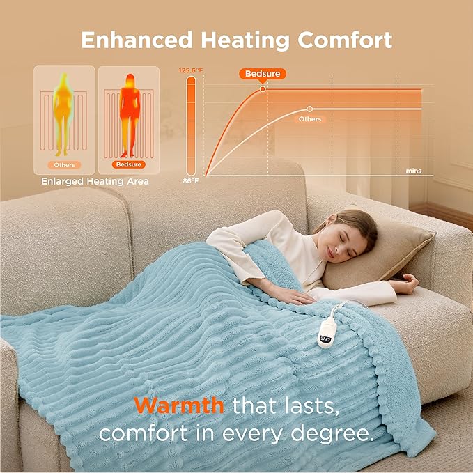 Bedsure Heated Blanket Electric Throw - Thick Striped Flannel Electric Blanket, Heating with 4 Time Settings, 6 Heat Settings, and 3-Hour Timer Auto Shut Off, Gift for Grandma (50"x60", Light Blue)