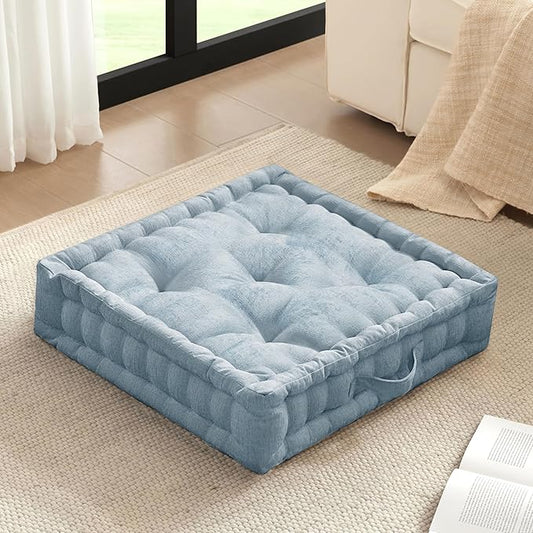 Intelligent Design Large Floor Pillow for Adults Yoga or Meditation Cushion with Handle, Floor Cushion for Board Games, Lustrous Chenille Tufted, Handsewn Scalloped Edge, Azza, 24" x 24" x 5" Aqua