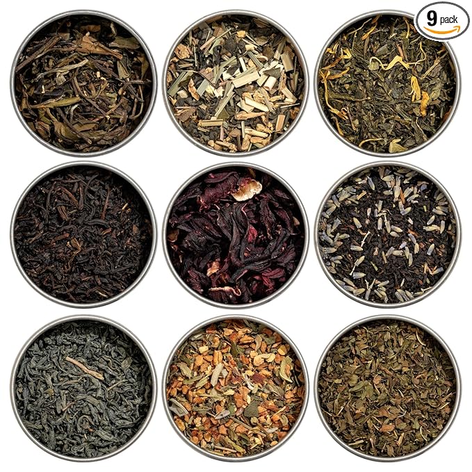 Heavenly Tea Leaves Organic Assorted 9 Loose Leaf Tea Gift Box (Approx. 90 Cups of Tea), Sampler Set of 9 Teas & Herbal Tisanes - Great Hot or Iced, High to No Caffeine