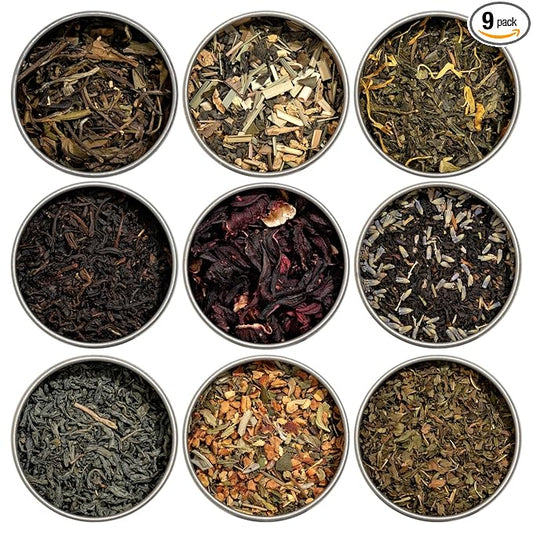 Heavenly Tea Leaves Organic Assorted 9 Loose Leaf Tea Gift Box (Approx. 90 Cups of Tea), Sampler Set of 9 Teas & Herbal Tisanes - Great Hot or Iced, High to No Caffeine
