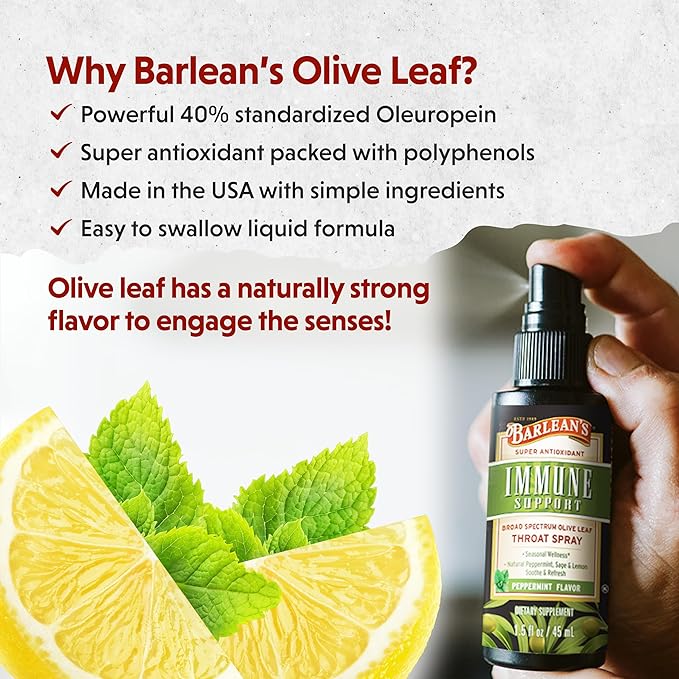 Barlean's 2 Pack Olive Leaf Complex Throat Spray with Peppermint, Lemon, and Sage for Itchy Throat Relief, Immune Support Supplement, Liquid Blended Extract, 1.5 oz