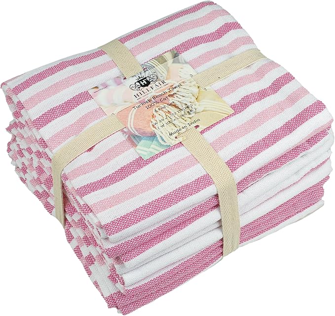 HILLFAIR Cotton Turkish Beach Towels, Quick Dry Lightweight Sand Free Peshtemal Towel for Bath Swim Yoga Spa Travel, Beach Accessories, Oversized Cotton Turkish Towels (39 x 72 inch- 4 Pack Pink)