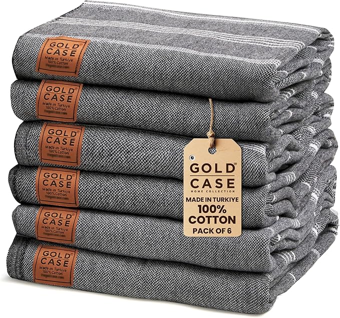 Gold CASE LYCIA Turkish Beach Towel Set of 6 – 100% Cotton Turkish Beach Towels Bulk 70 x 38'' – LYCIA Oversized, Quick Dry & Sand Free Beach Towel – Lightweight Towels Set in Black