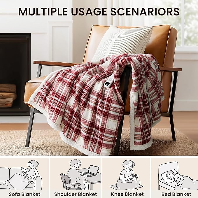 Heated Blanket Electric Throw-50''x60''Ultra Soft Cozy Plaid Flannel Fast Heating Electric Blanket with 10 Heat Levels & 10 Hours Auto Off, ETL Certified, Keep Warm in Couch Bed Office(Red)