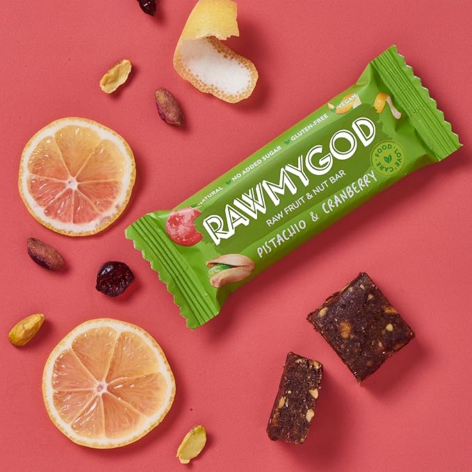 RAWMYGOD Fruit and Nut Bars, Gluten Free, Vegan, No Added Sugar (16 bars, Pistachio & Cranberry)