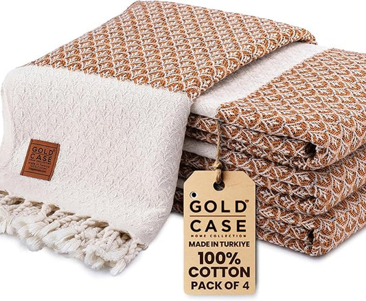 Gold CASE Turkish Beach Towel Set of 4 – 100% Cotton Large Turkish Bath Towels 67 x 38'' – Helen Extra Large, Quick Dry & Sand Free Towels – Peshtemal for Pool – Orange