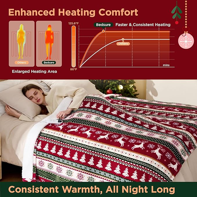 Bedsure Christmas Electric Blanket Twin - Soft Flannel Sherpa Heated Blanket with Fair Isle, Heating with 6 Heating Levels, 10 Time Settings and 8-Hour Auto-Off, Gifts for Grandma (62x84 inches)