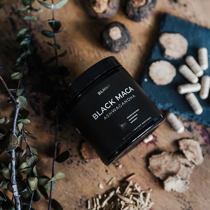 ELMNT 40,000mg 40x Strength Organic Black Maca Root w. Ashwagandha - #1 Highest Potency Black Maca Root Capsules for Men Supplement 40:1 Extract - 100% Pure Maca Peruana Maca Powder Pills Gelatinized