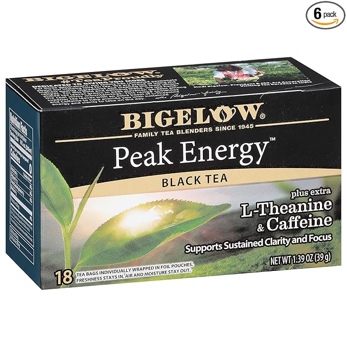Bigelow Tea Peak Energy plus extra L-Theanine & Caffeine, 18 Count (Pack of 6), 108 Total Tea Bags