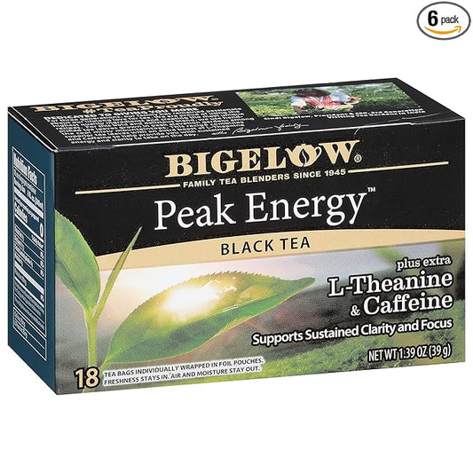 Bigelow Tea Peak Energy plus extra L-Theanine & Caffeine, 18 Count (Pack of 6), 108 Total Tea Bags
