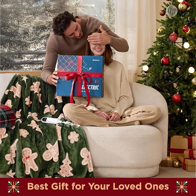 Bedsure Christmas Heated Blanket Throw - Soft Flannel Sherpa Electric Blanket with Gingerbread Pattern, Heated Throw as a Gift, with 6 Heating Levels, 4 Time Settings, and 3-Hour Auto-Off (50"x60")