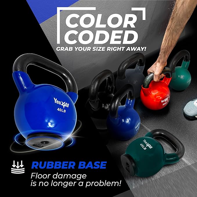 Yes4All Kettlebells Rubber Base, Kettlebell Set for Women, Strength Training Kettlebells Weights (10-65 lbs)