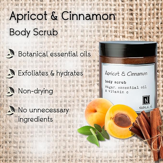 Apricot & Cinnamon Body Scrub Made in USA with Essential Oil and Vitamin C by Nabila K - Exfoliate and Moisturize for Smooth Skin - Luxury for Women & Men, 3 oz