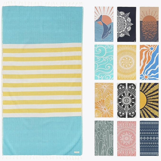 FESHKA Sand Proof Turkish Beach Towel – Oversized, Quick Dry & Lightweight Travel Towel - 100% Organic Cotton Beach Blanket - Perfect for Bath, Pool & Picnic | Good Vibes (Yellow/Blue)