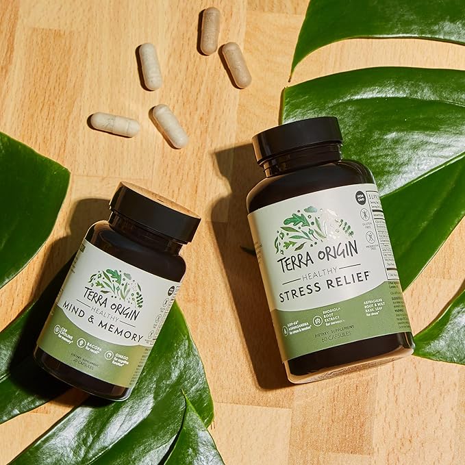 TERRA ORIGIN Healthy Stress Supplement | 60 Capsules | KSM-66 Organic Ashwagandha, L-Theanine, Rhodiola Extract, Astragalus Root and Holy Basil | Stress and Mood Support