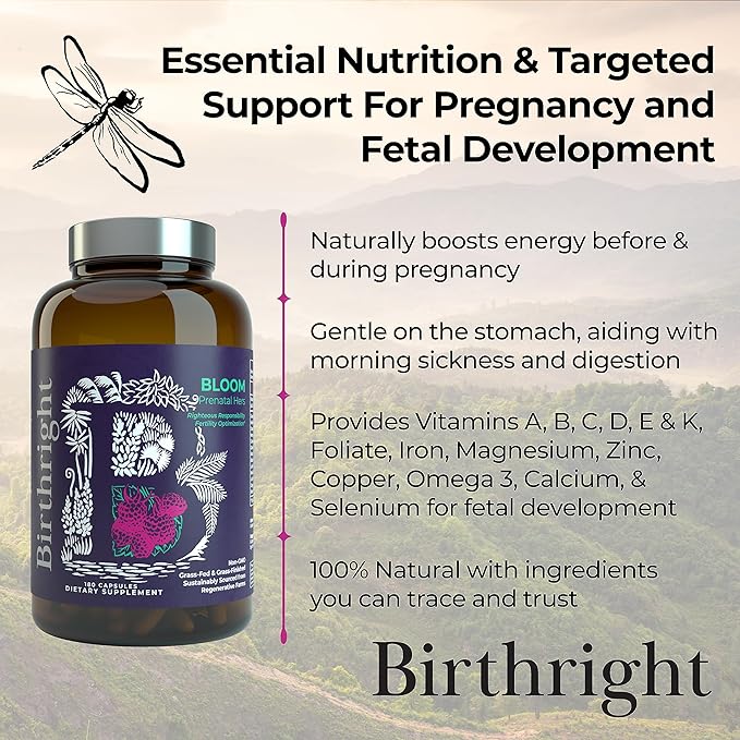 Birthright Complete Prenatal Supplement for Fetal Development… Folate, Choline + DHA, from Grass Fed Liver, Fish Eggs, Colostrum, Bone Marrow, with All Natural Herbal Blend Bloom
