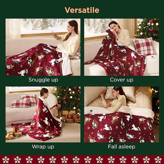 Bedsure Christmas Heated Blanket Throw - Soft Flannel Sherpa Electric Blanket with Pet Pattern, Heated Throw as a Gift, with 6 Heating Levels, 4 Time Settings, and 3-Hour Auto-Off (50x60 inches)