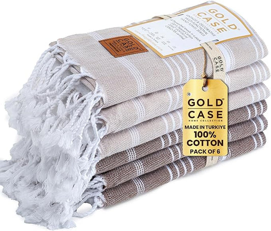Gold CASE Turkish Hand Towels Set of 6 – 100% Cotton Decorative Towels for Bathroom 20 x 40'' – Soft &Quick Dry for Hands, Hair, SPA, Gym & Farmhouse – Elegant Towel Set in Mocha Mousse
