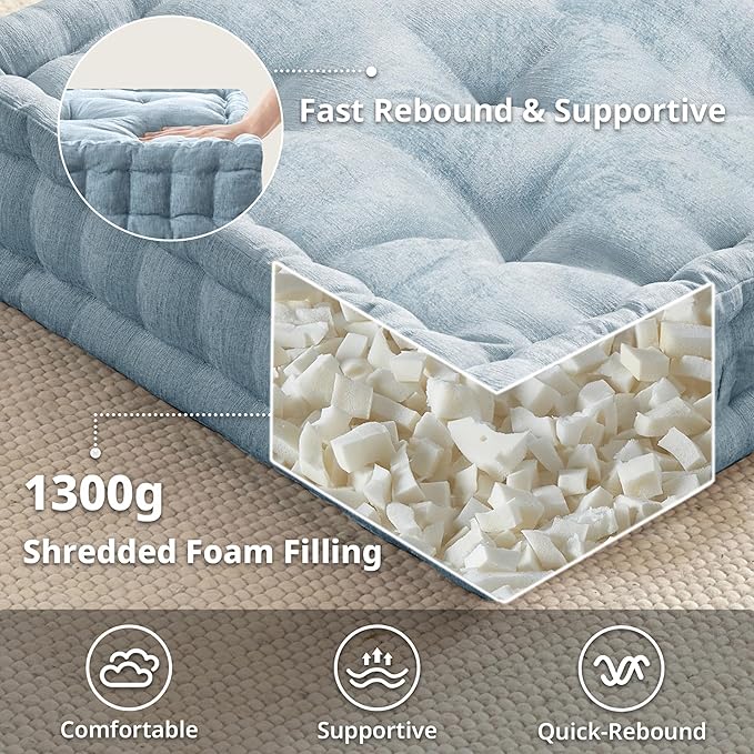 Intelligent Design Large Floor Pillow for Adults Yoga or Meditation Cushion with Handle, Floor Cushion for Board Games, Lustrous Chenille Tufted, Handsewn Scalloped Edge, Azza, 24" x 24" x 5" Aqua