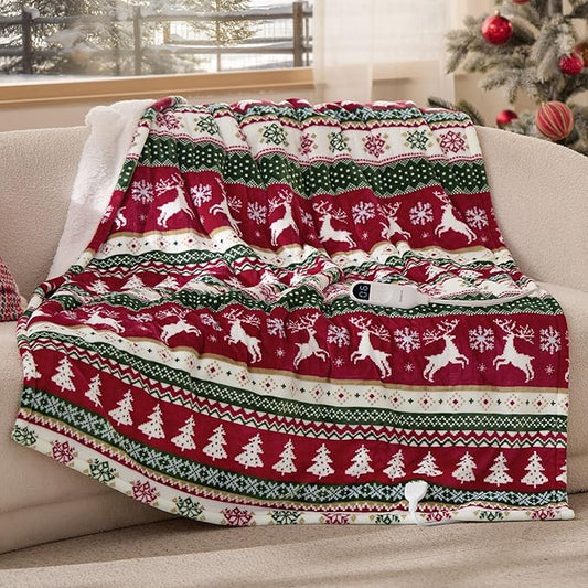 Bedsure Christmas Heated Blanket Throw - Soft Flannel Sherpa Electric Blanket with Fair Isle, with 6 Heating Levels, 4 Time Settings and 3-Hour Auto-Off, Heated Throw as a Gift (50x60 inches)