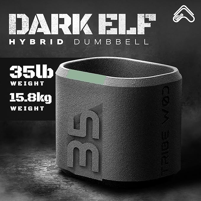 35lb Hybrid Dumbbell for Cross Training - Tribe WOD Dark Elf Weights - Ergonomic Stainless Steel Workout Equipment for Strength, Mobility and Cardio Fitness