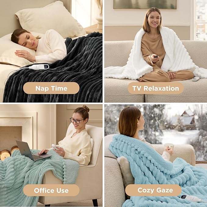 Bedsure Electric Blanket Full Size - Thick Striped Flannel Heated Blanket with 6 Heat Settings, 10 Time Settings, 8-Hour Timer Auto Shut Off, Gifts for Grandma (72x84 inches, Black)