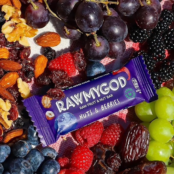 RAWMYGOD Fruit and Nut Bars, Gluten Free, Vegan, No Added Sugar (16 bars, Nuts & Berries)